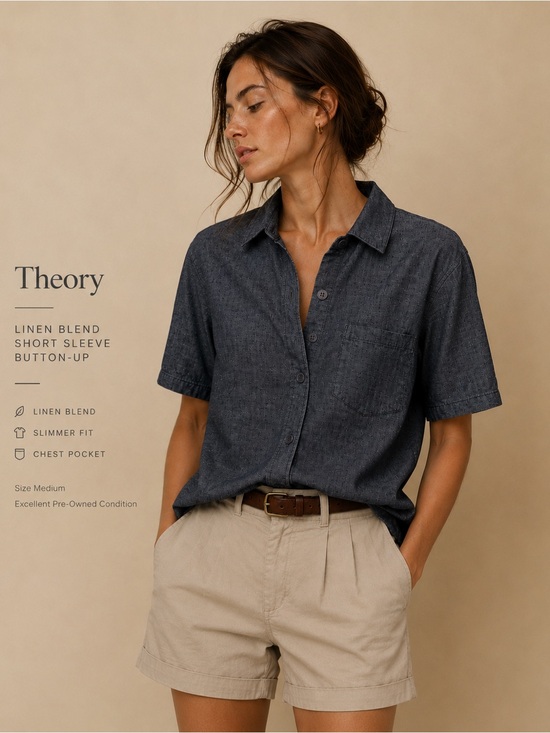 Theory Tops - Theory Short Sleeve Button-Up Shirt - Dark Blue